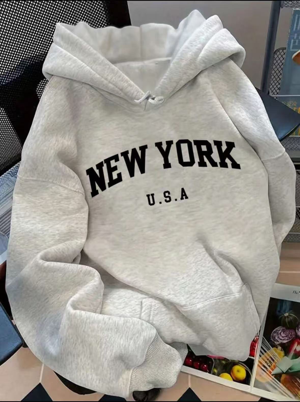 American Retro Letter Print Mid-Length Casual Hooded Sweatshirt Jacket Loose and Versatile Long-Sleeved Top for Women in Autumn